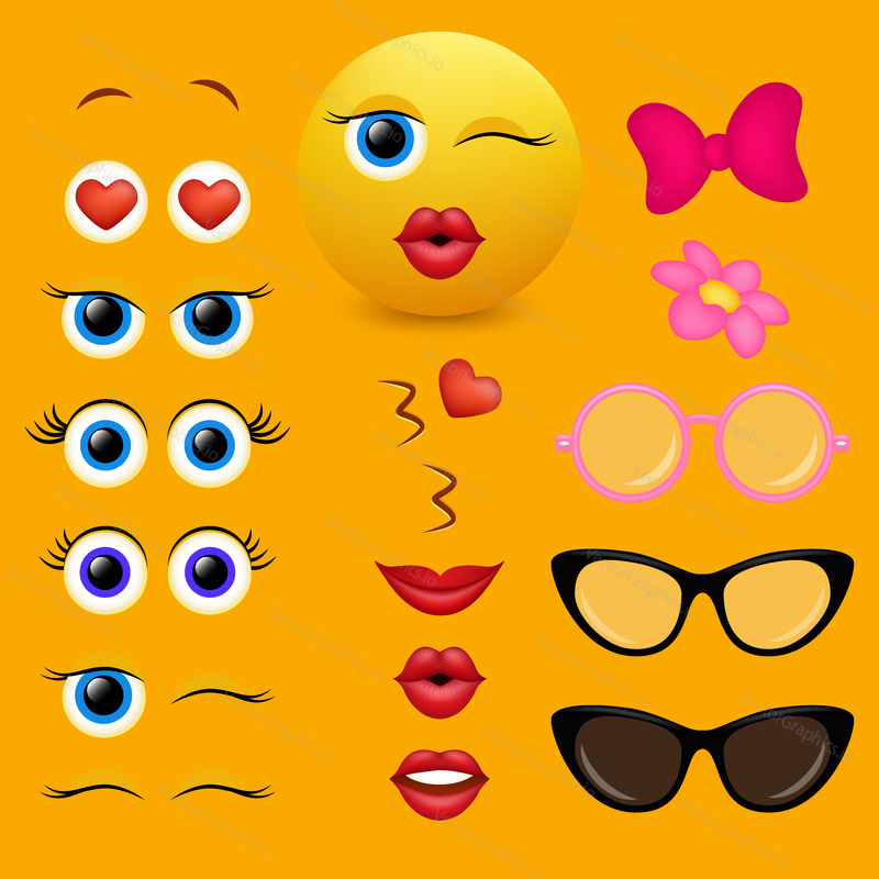 Emoji maker, smiley creator. Vector design collection of emoticon body parts and accessories allows you to create your own cool female emojis.