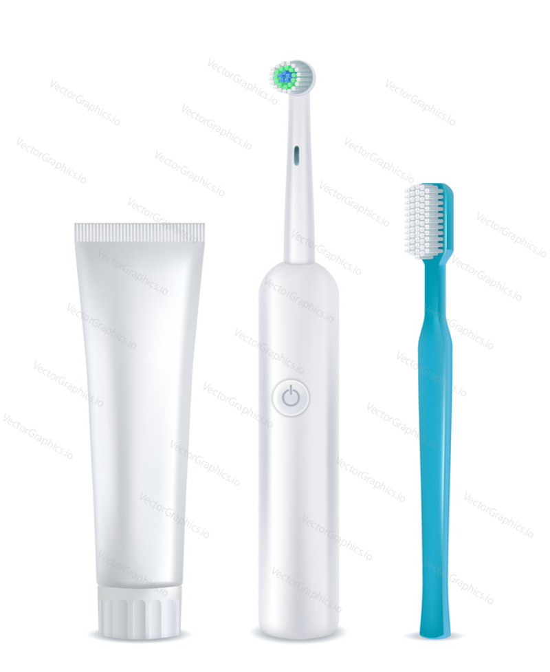 Набор инструментов для чистки зубов. Векторные реалистичные макеты зубной пасты, классической зубной щетки и электрической зубной щетки. Повседневные средства по уходу за полостью рта, выделенные на белом фоне.