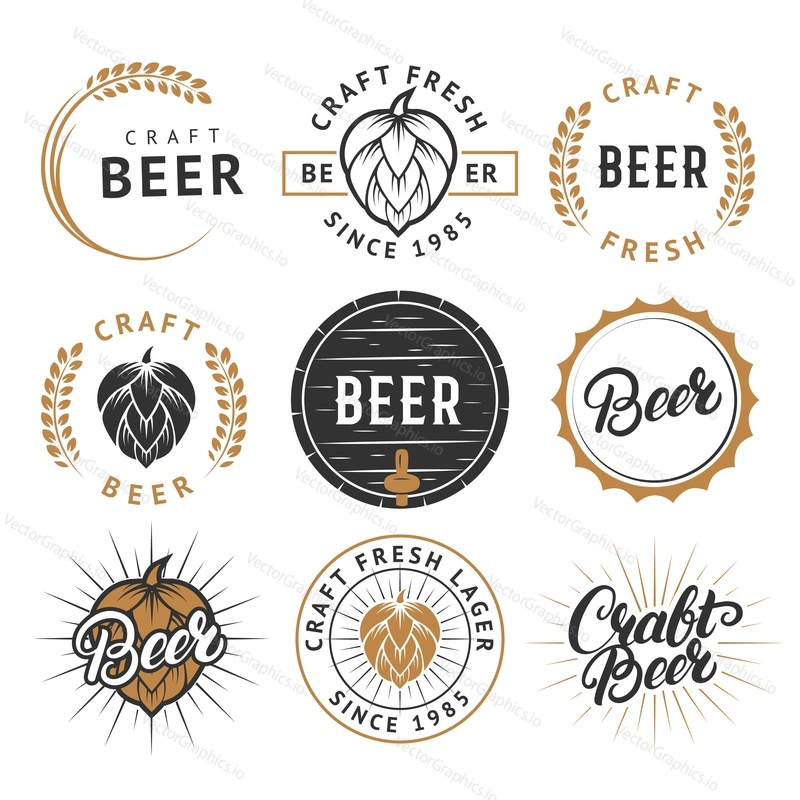 Vector set of beer labels, emblems, badges in retro style. Vintage black and gold color craft beer symbols, icons, typography design elements on white background.
