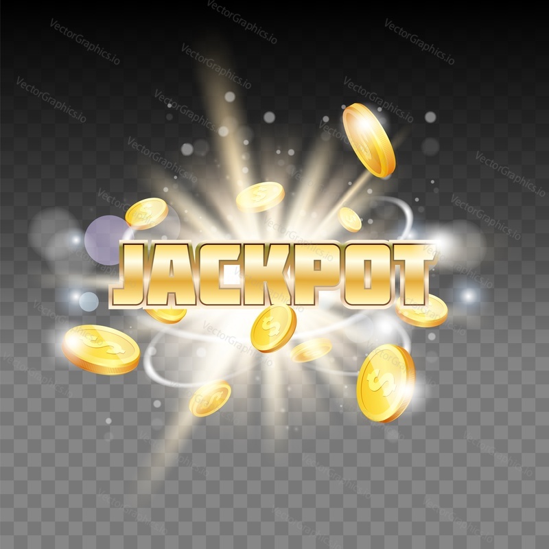 Jackpot gambling vector poster, banner template. Casino or lottery jackpot winner glowing background with realistic 3d gold dollar coins.