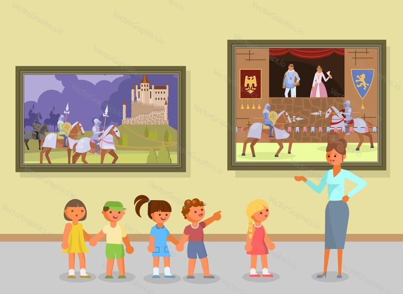 Art museum excursion for schoolkids with guide. Vector flat style design illustration.