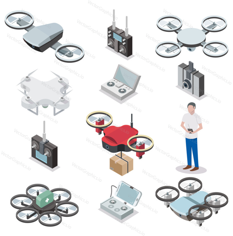Drone quadcopter or unmanned aerial vehicle icon set. Vector flat isometric illustration isolated on white background.