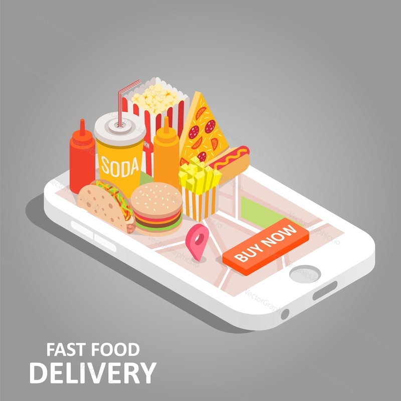 Fast food online concept. Vector isometric smartphone with food delivery app. Pizza, burger, french fries, hot dog, soda popcorn, navigation map with pin marker, buy now button on smart phone screen.