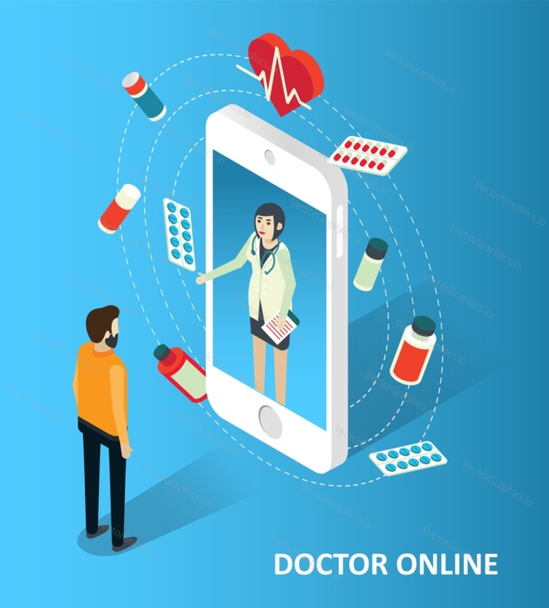 Online doctor consultation on smartphone concept vector isometric illustration. Medical help and advice from home or office.