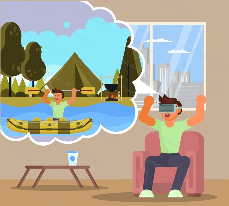 Virtual reality rafting vector illustration. Boy in VR headset enjoying rowing inflatable boat while sitting in armchair at home. Flat style design.