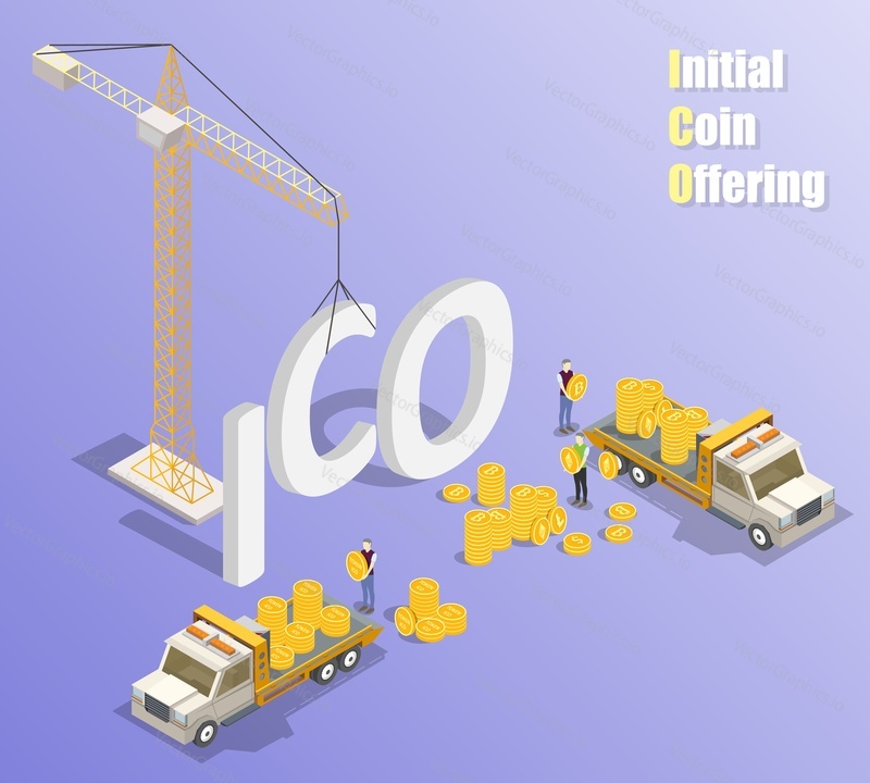 Initial coin offering mechanism of selling newly issued tokens in exchange for established cryptocurrencies. Vector isometric tower crane and trucks with ico tokens and bitcoin litecoin ether coins.
