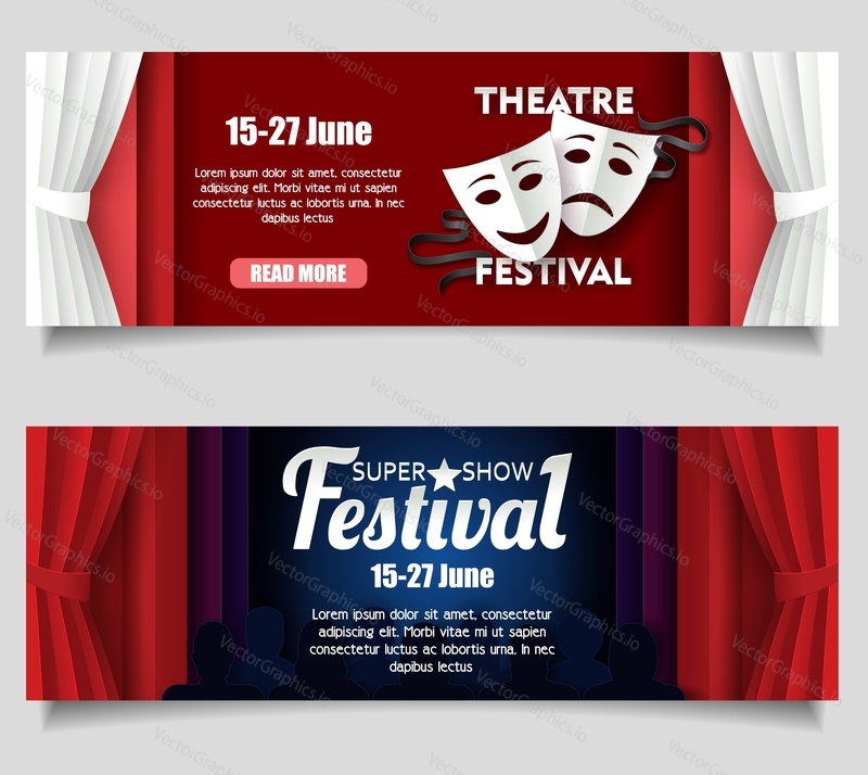 Theatre banner set. Vector retro paper cut date announcement Theatre festival and Super show festival web templates. Modern origami theater scene decorations, tragedy and comedy masks, copy space.