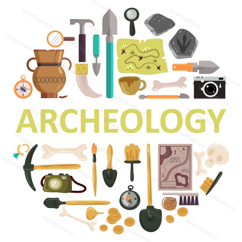 Archaeology icon set with archeology lettering. Vector illustration of archaeological tools, ancient artifacts isolated on white background.