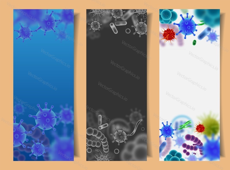 Vector set of banners web templates with viruses, bacteria and microbes.