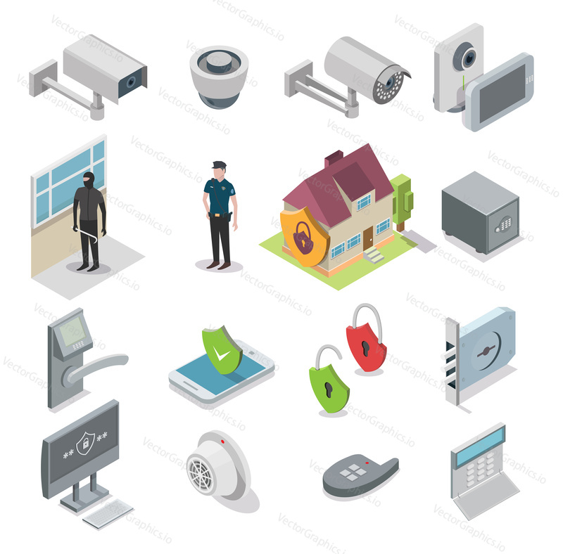 Home security icon set. Vector flat isometric illustration isolated on white background.