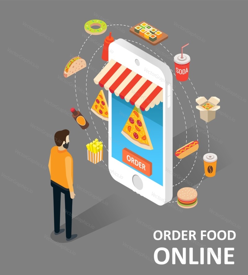 Food online vector isometric illustration. Online order of coffee, fast food, pizza, asian food, pastry via smartphone.