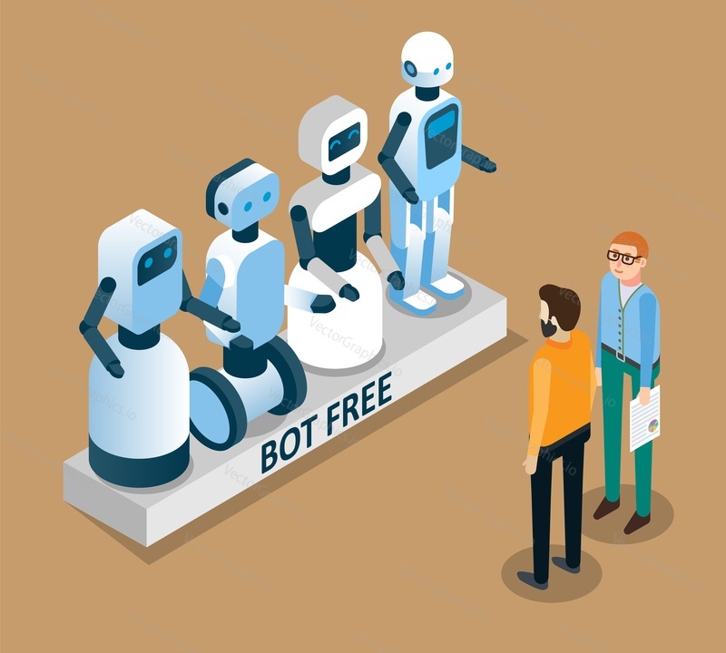 Bot free concept. Free chat bot robot virtual assistance vector isometric illustration.