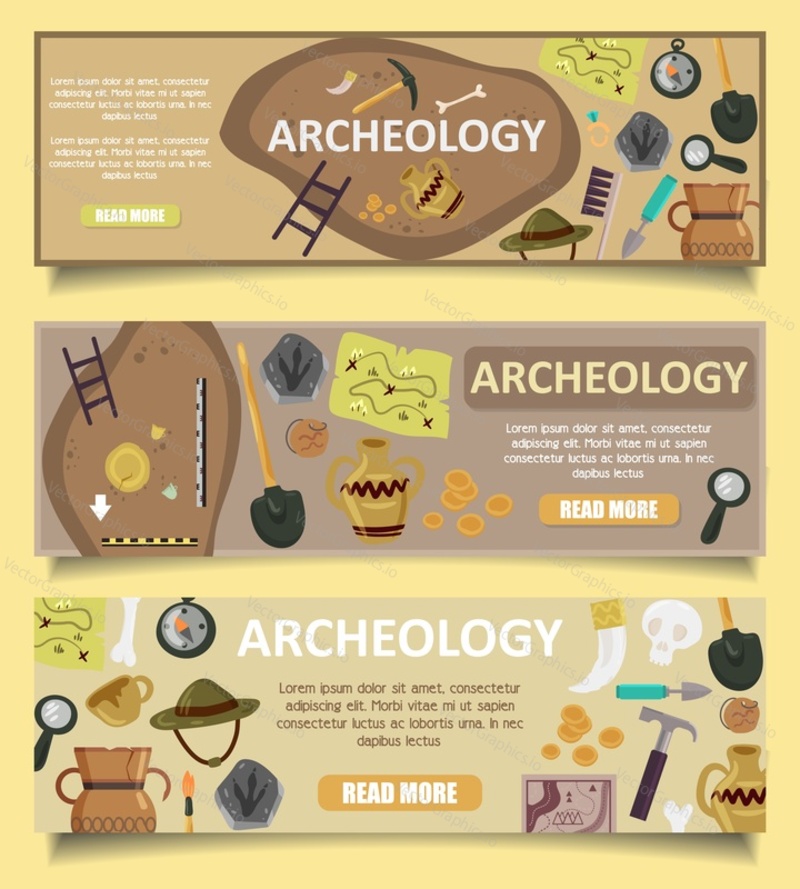 Vector set of archaeology banners web templates with archaeological site, ancient artifacts, archaeological tools, copy space, read more button.