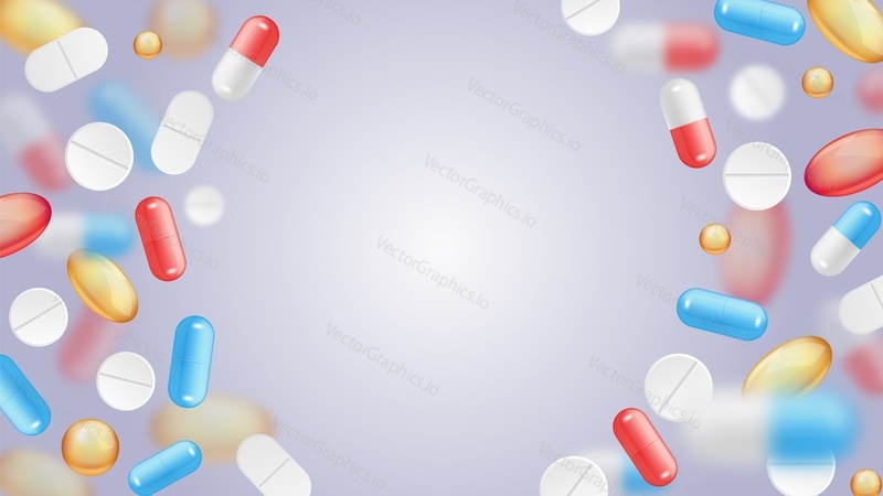 Falling pills background, frame. Vector realistic illustration of pharmaceutical capsules, tablets, caplets and softgels.