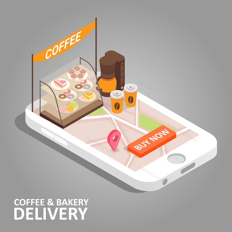 Coffee and bakery online concept. Vector isometric smartphone with food delivery app. Coffee, donut, cake, navigation map with pin marker and buy now button on smart phone screen.