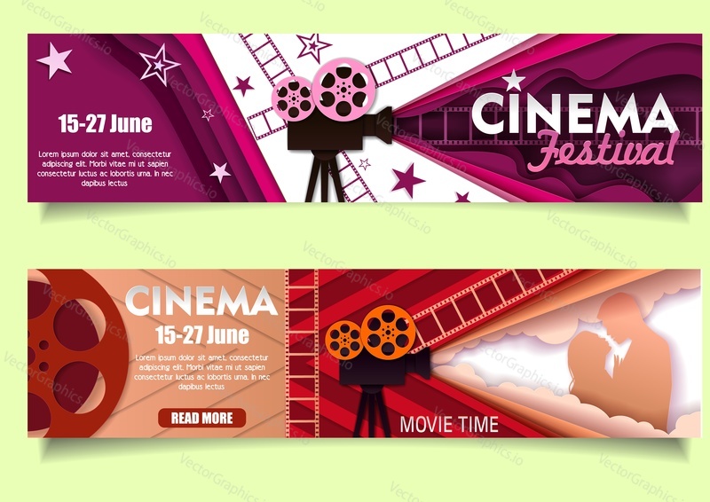 Cinema banner set. Vector retro paper cut date announcement Cinema festival and Movie time web templates.