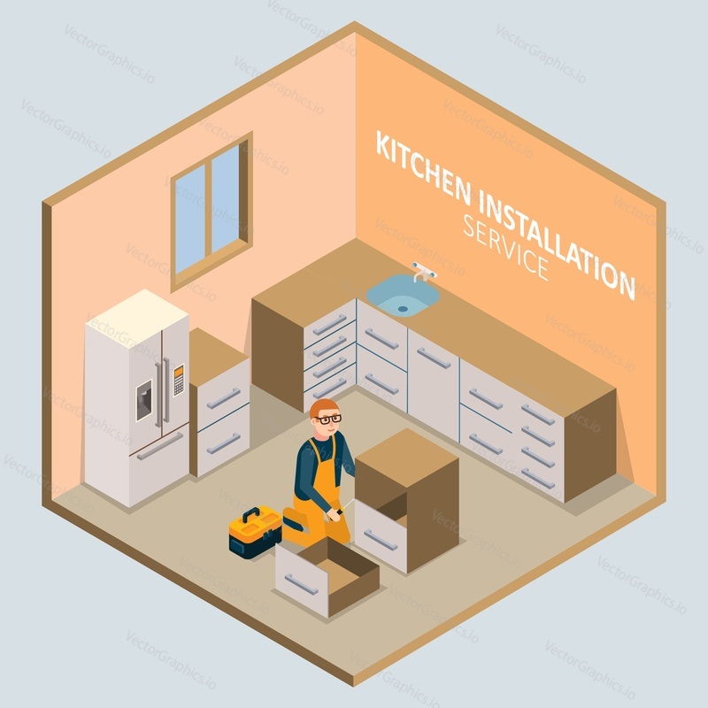 Kitchen furniture installation service concept. Vector isometric cutaway kitchen interior with worker installer assembling kitchen cabinets.
