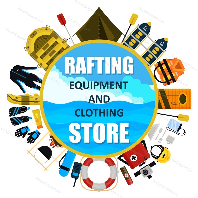 Rafting equipment and clothing store emblem. Vector flat style design illustration.