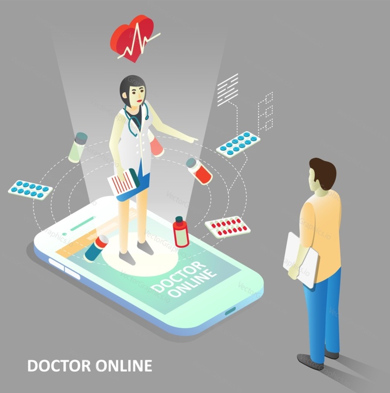 Doctor online concept. Vector isometric smartphone with doctor giving medical consultation to patient. Virtual medical assistance via mobile device.