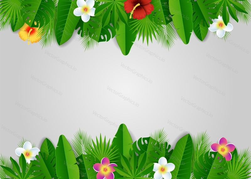Tropical floral frame. Vector paper cut decorative summer frame with beautiful exotic tropical flowers, palm leaves.