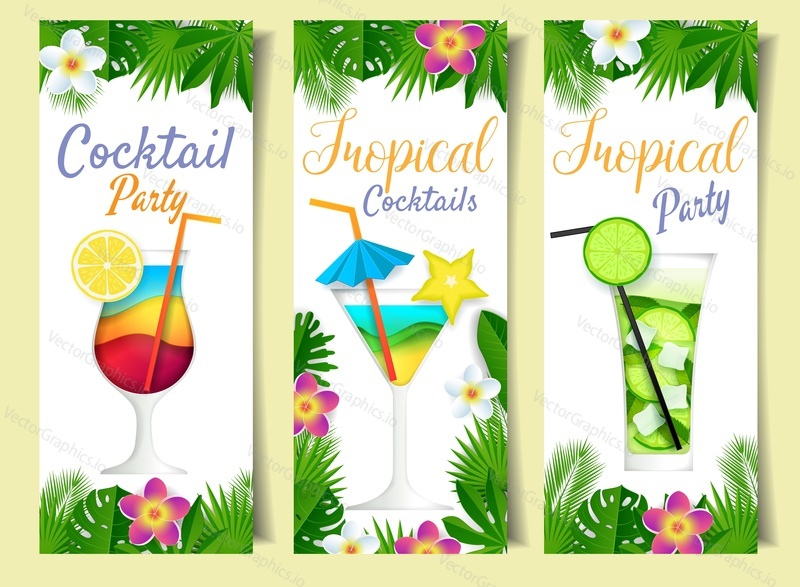 Cocktail summer drink banner set. Vector paper cut Cocktail party, Tropical cocktail and Tropical party web templates.