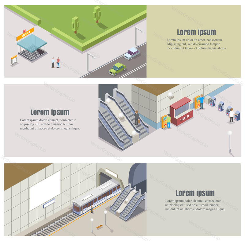 Vector metro banner set with isometric metro station, escalator, entrance gate or turnstile, cashbox, ticket machine, subway train, tunnel, platform and copy space.