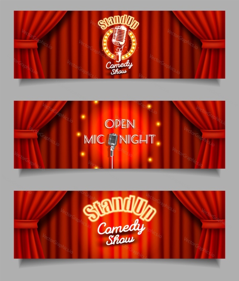 Stand-up comedy show open mic night banner template set. Vector realistic illustration of theater stage red curtains and microphone. Live show event backgrounds.