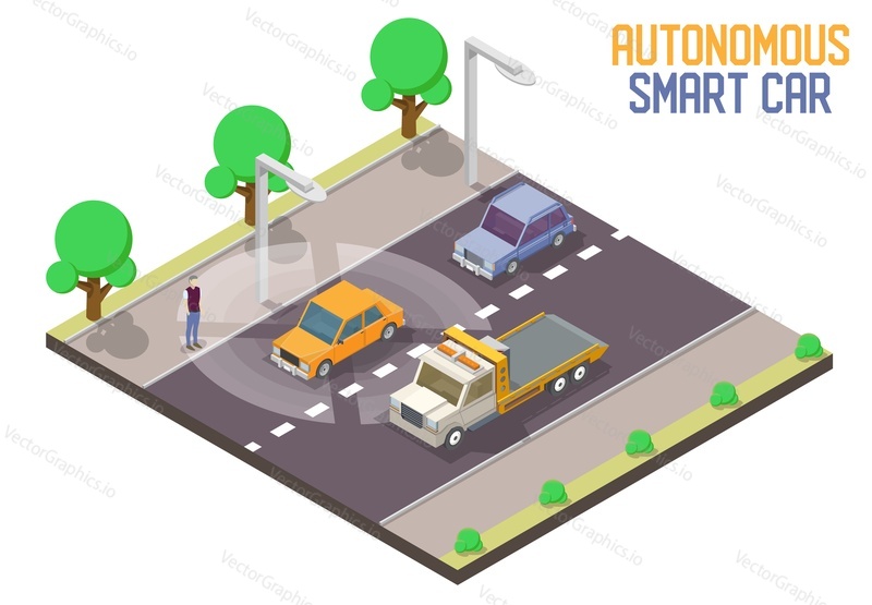 Autonomous smart car. Vector isometric self-driving car going down the road. Future driverless transport.