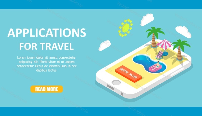 Applications for travel banner, web template. Vector isometric smartphone with swimming pool, palm trees, beach chair and man on inflatable matress on screen, copy space, read more button.
