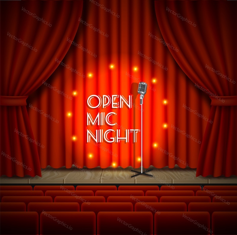 Open mic night live show background. Vector realistic illustration of empty theater stage with red curtains, lights, microphone and chairs for audience.