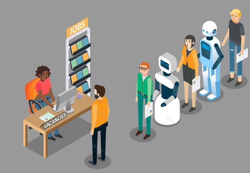 Robot jobs concept vector isometric illustration. Ai revolution in employment. Robots waiting in line together with humans for vacant job.