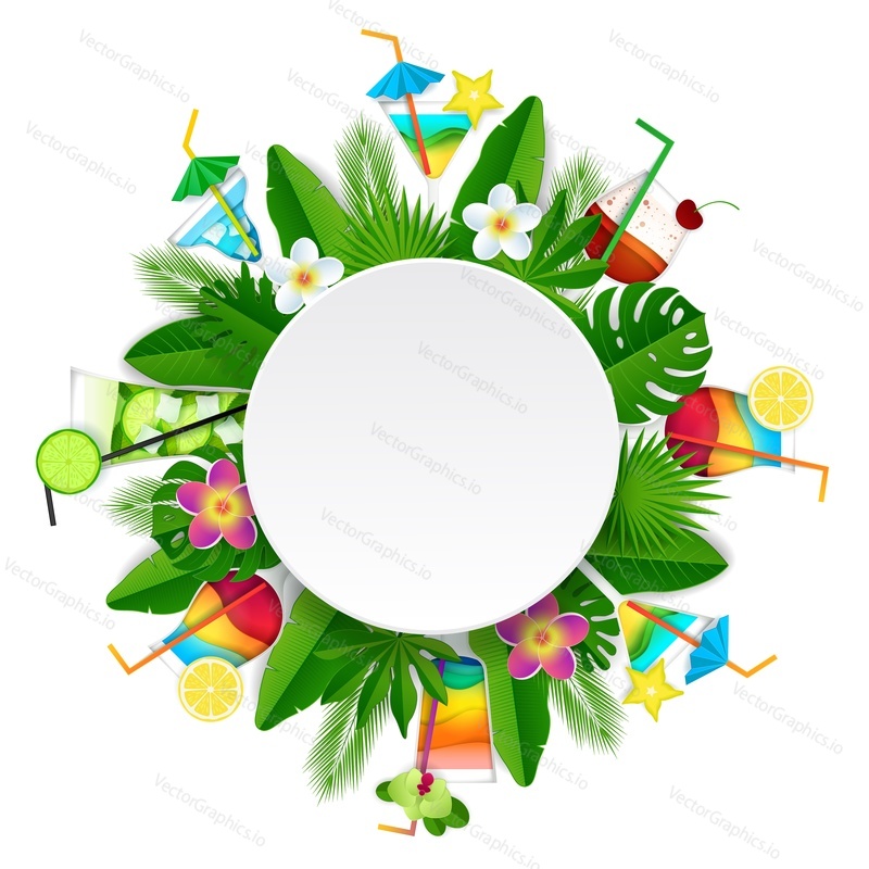Tropical cocktail summer drink round frame. Vector paper cut illustration of beautiful exotic tropical flowers, palm leaves and cocktails.