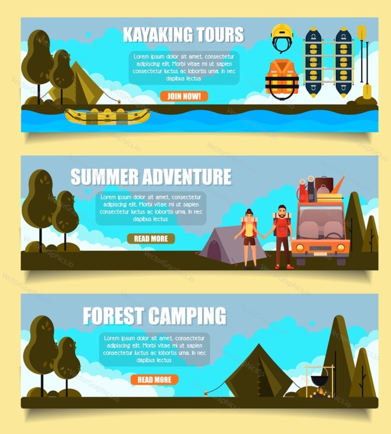 Vector set of outdoor adventure banners. Kayaking tours, Summer adventure and Forest camping web templates. Flat style design.