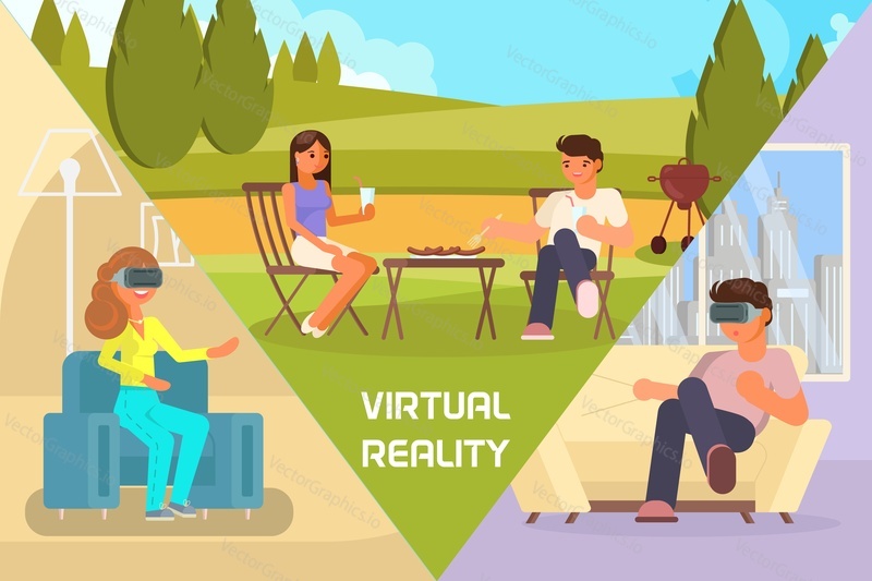 Virtual reality date. Vector illustration of boy and girl in vr glasses having outdoor picnic while sitting in armchairs at home. Flat style design.