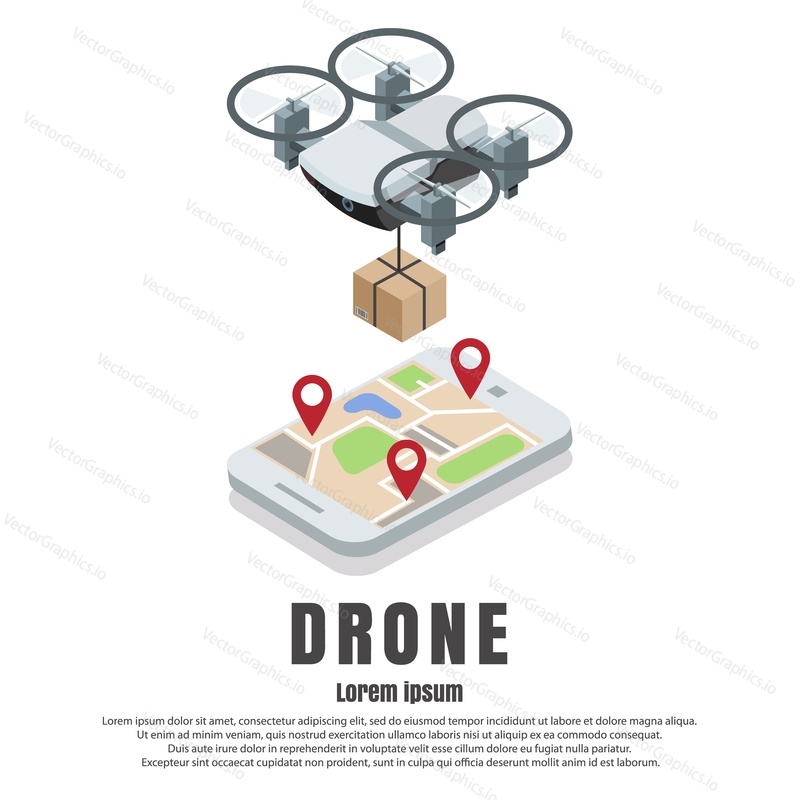 Smartphone controlled drone with parcel vector isometric illustration. Fast modern delivery by quadcopter concept design element with copy space for poster, banner etc.