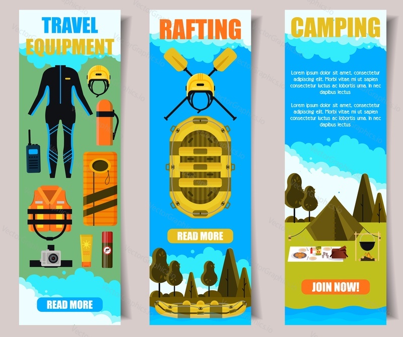 Vector set of travel banners. Travel equipment, Rafting, Camping web templates. Flat style design.