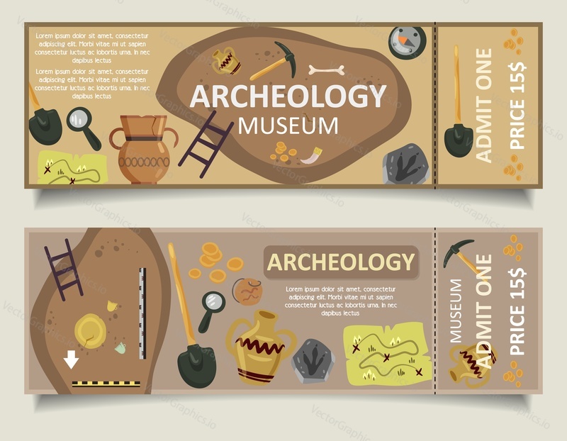 Входные билеты в археологический музей. Набор векторных шаблонов билетов в археологический музей.