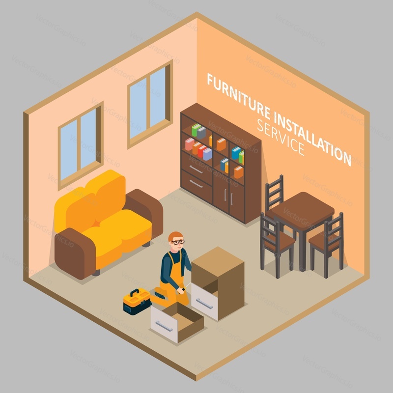 Furniture installation service concept. Vector isometric cutaway living room interior with worker carpenter installing wooden two-drawer cabinet.