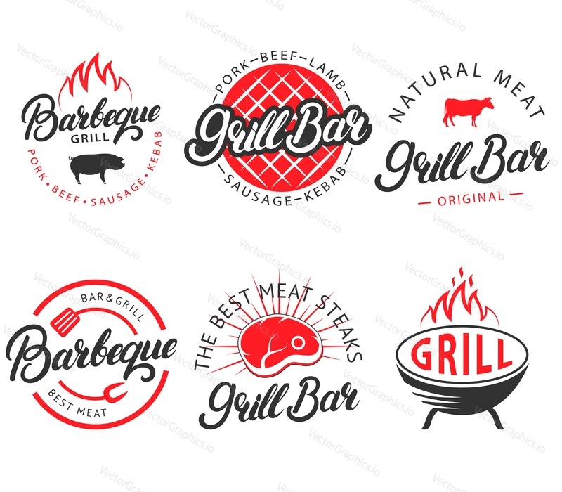 Vector set of grill bar and bbq labels, emblems, badges, logo in retro style. Vintage black and red color barbecue symbols, icons, typography design elements on white background.