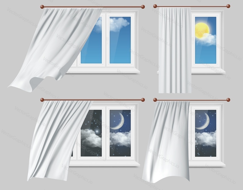 Vector realistic illustration of white plastic windows with white fluttering curtains, day and night sky outside windows.