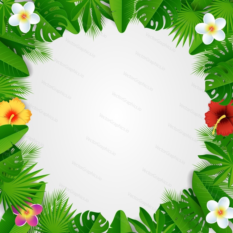 Tropical floral frame template. Vector paper cut decorative square summer frame with beautiful exotic tropical flowers, palm leaves.
