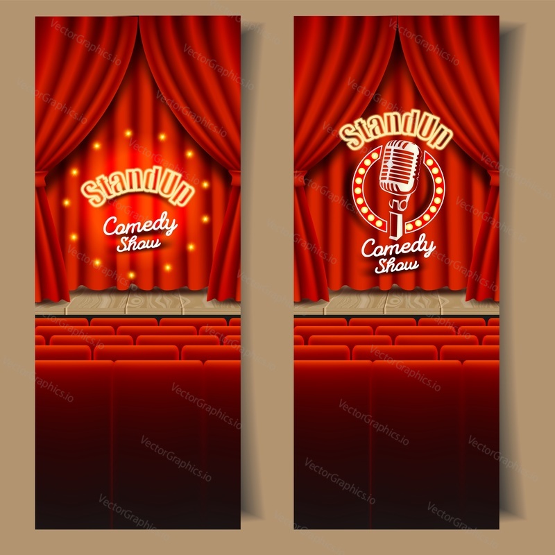 Stand-up comedy show banner template set. Vector realistic illustration of empty theater stage with red curtains, chairs for audience and microphone. Live show event backgrounds.