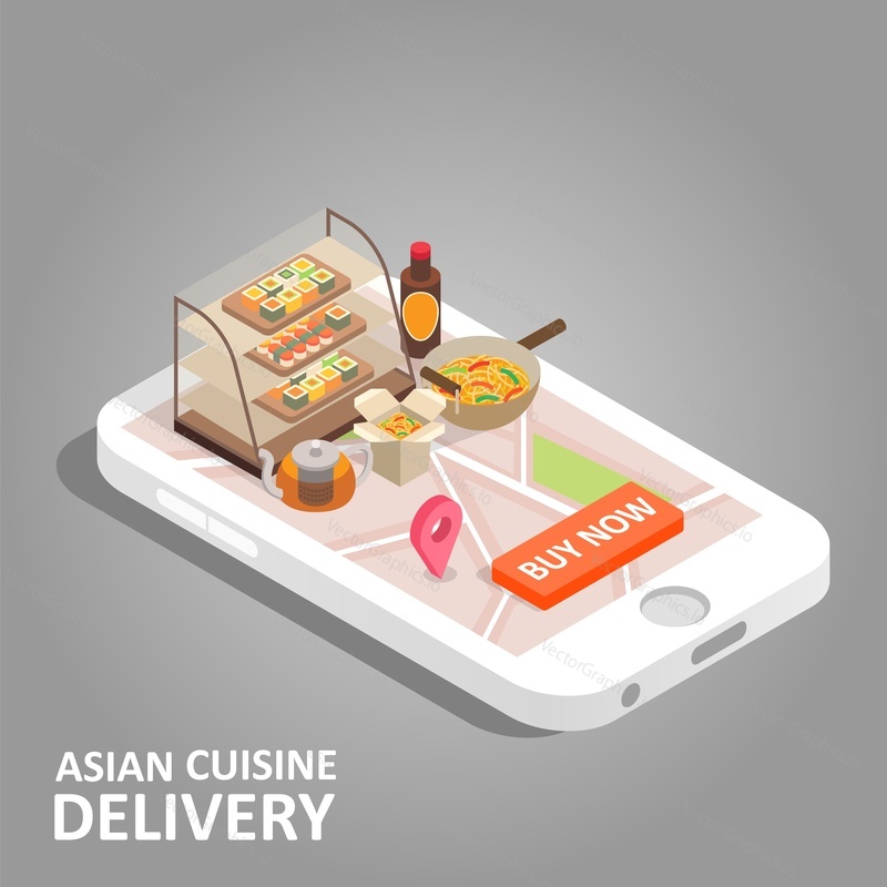 Концепция азиатской кухни онлайн. Векторный изометрический смартфон с приложением доставки азиатской кухни. Суши и другие азиатские блюда навынос, навигационная карта с пин-кодом и кнопка 