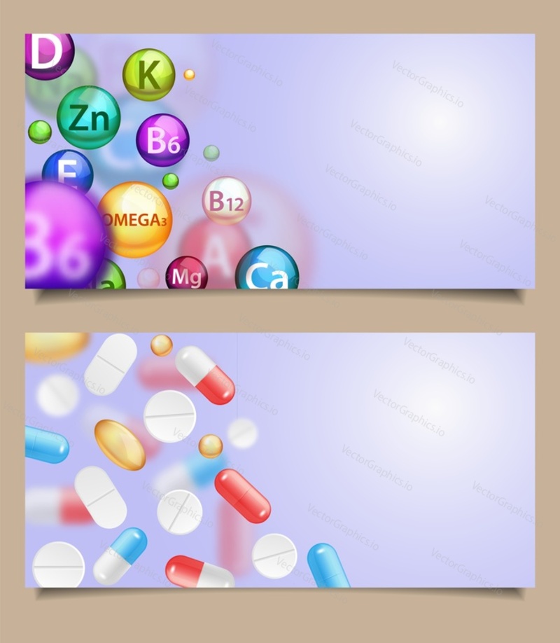 Vector set of medical banners web templates with realistic falling pills. Medications, supplements, and painkillers in form of pharmaceutical capsules, tablets, caplets and softgels, copy space.
