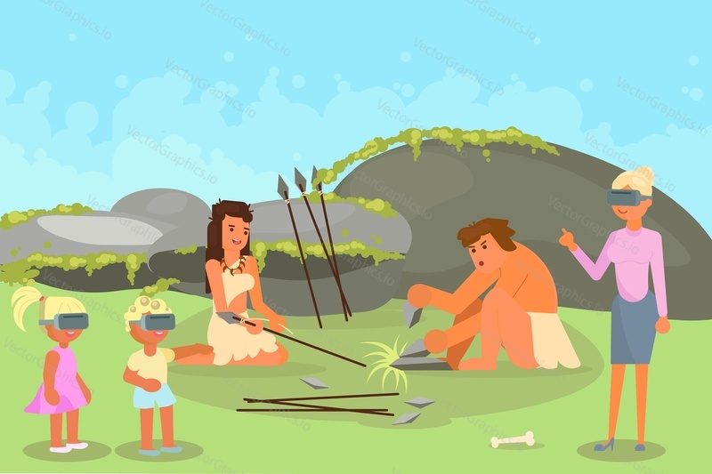 Virtual reality learning, education and vr technologies. Vector illustration of history teacher and schoolchildren in vr glasses looking at stone age family couple making hunting tools stone spears.