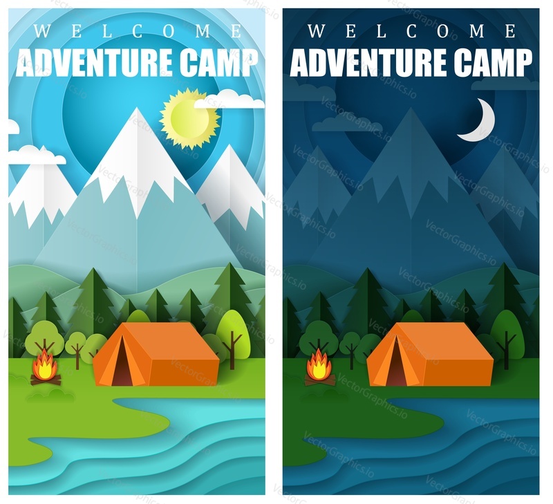 Summer camping vector paper cut banner set. Welcome adventure camp web templates with day and night sky, forest, mountains, lake, campfire and tent.