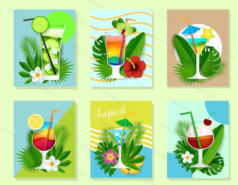 Cocktail summer drink card set. Vector paper cut illustration. Tropical party invitation poster design templates with beautiful exotic tropical flowers, palm leaves and cocktails.