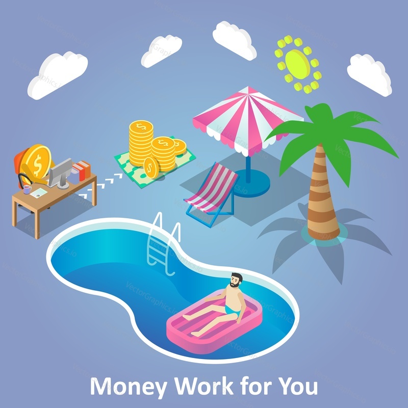 Money work for you concept vector isometric illustration. Happy successful businessman relaxing at tropical beach resort. Money work for him.
