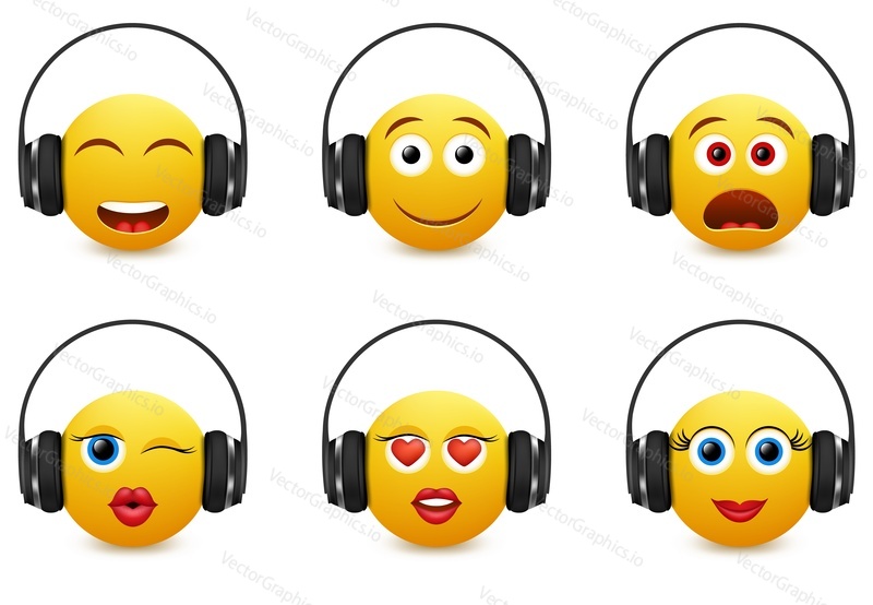 Music emoji icon set. Vector illustration of emoticons wearing headphones isolated on white background.