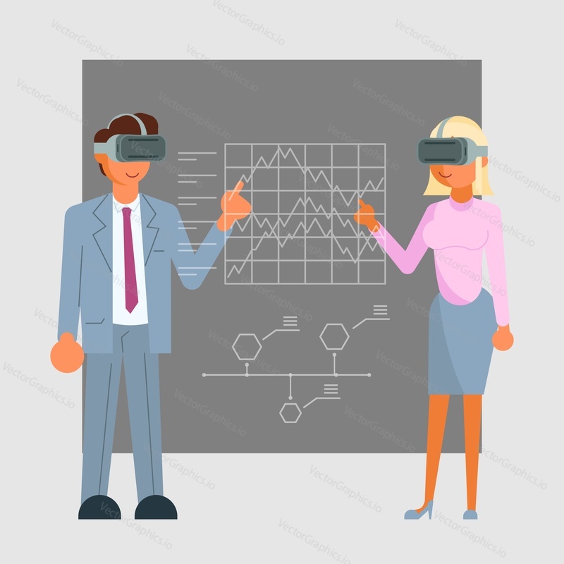 Virtual reality technology concept vector illustration. Business people man and woman wearing virtual reality glasses standing next to chalkboard and pointing at business finance graphs on it.